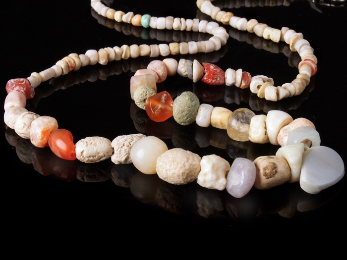 Necklace with ancient stone, crystal and carnelian beads