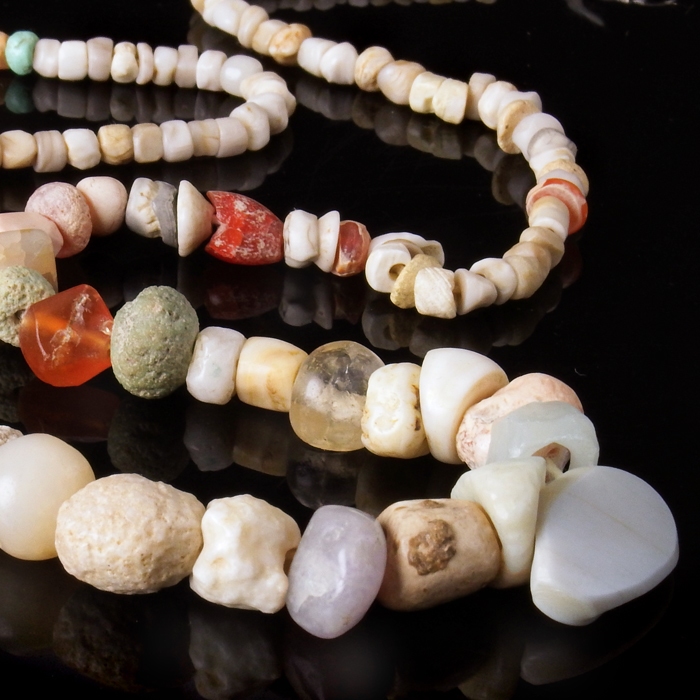 Necklace with ancient stone, crystal and carnelian beads