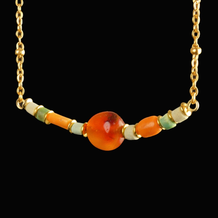 Necklace with Egyptian faience, carnelian and coral beads