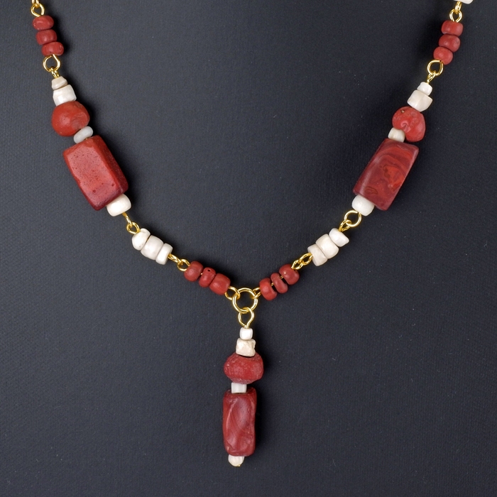 Necklace with Roman Red Glass and Shell Beads - Linked Design