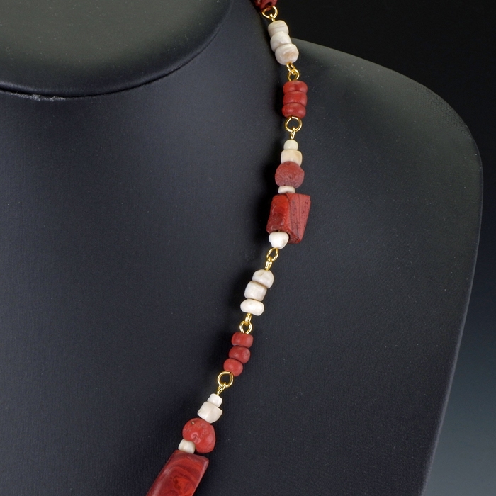 Necklace with Roman Red Glass and Shell Beads - Linked Design