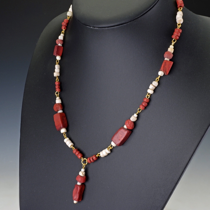 Necklace with Roman Red Glass and Shell Beads - Linked Design