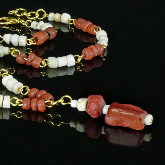 Necklace with Roman Red Glass and Shell Beads - Linked Design