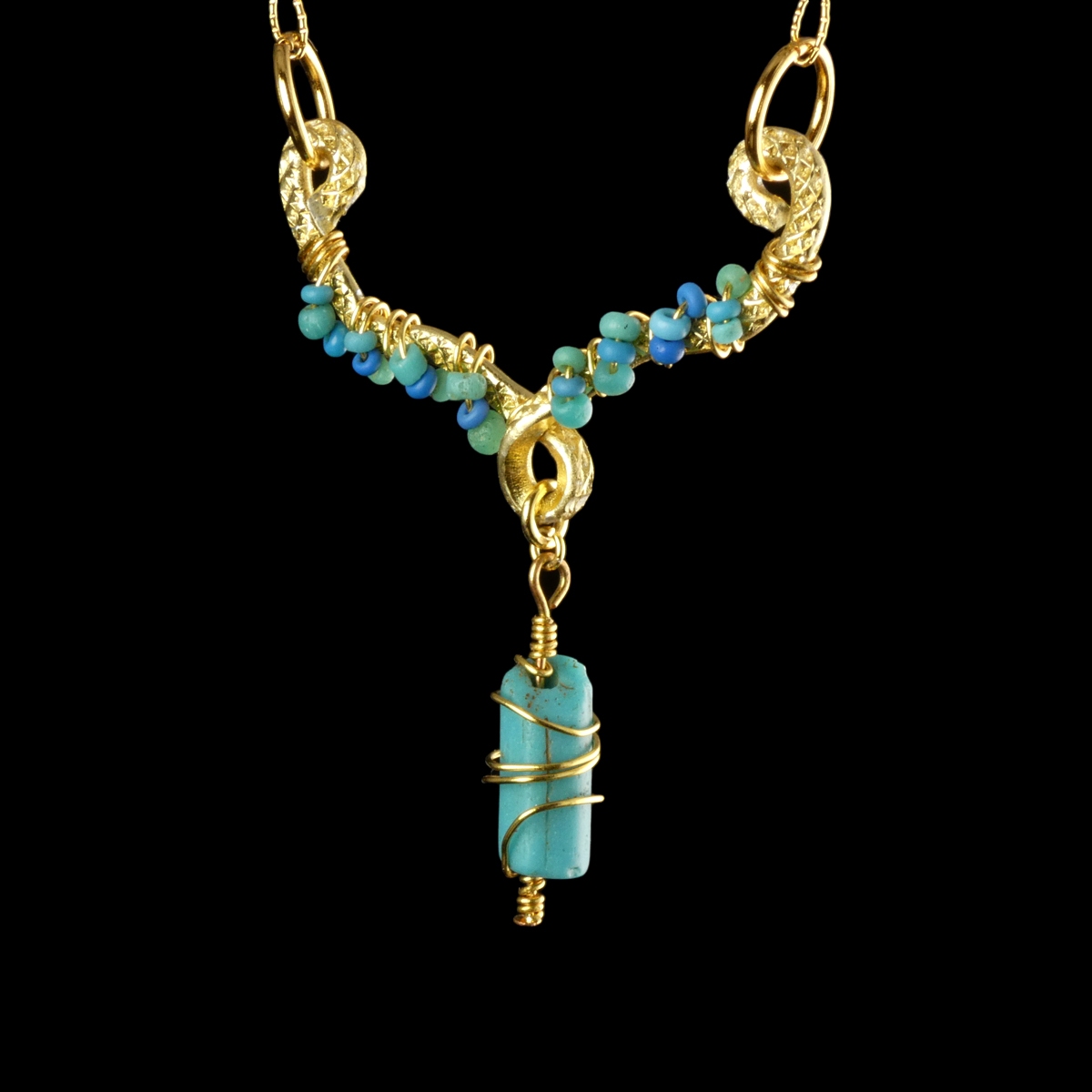 Necklace with Roman Turquoise Glass Beads - Wire-Wrapped Design