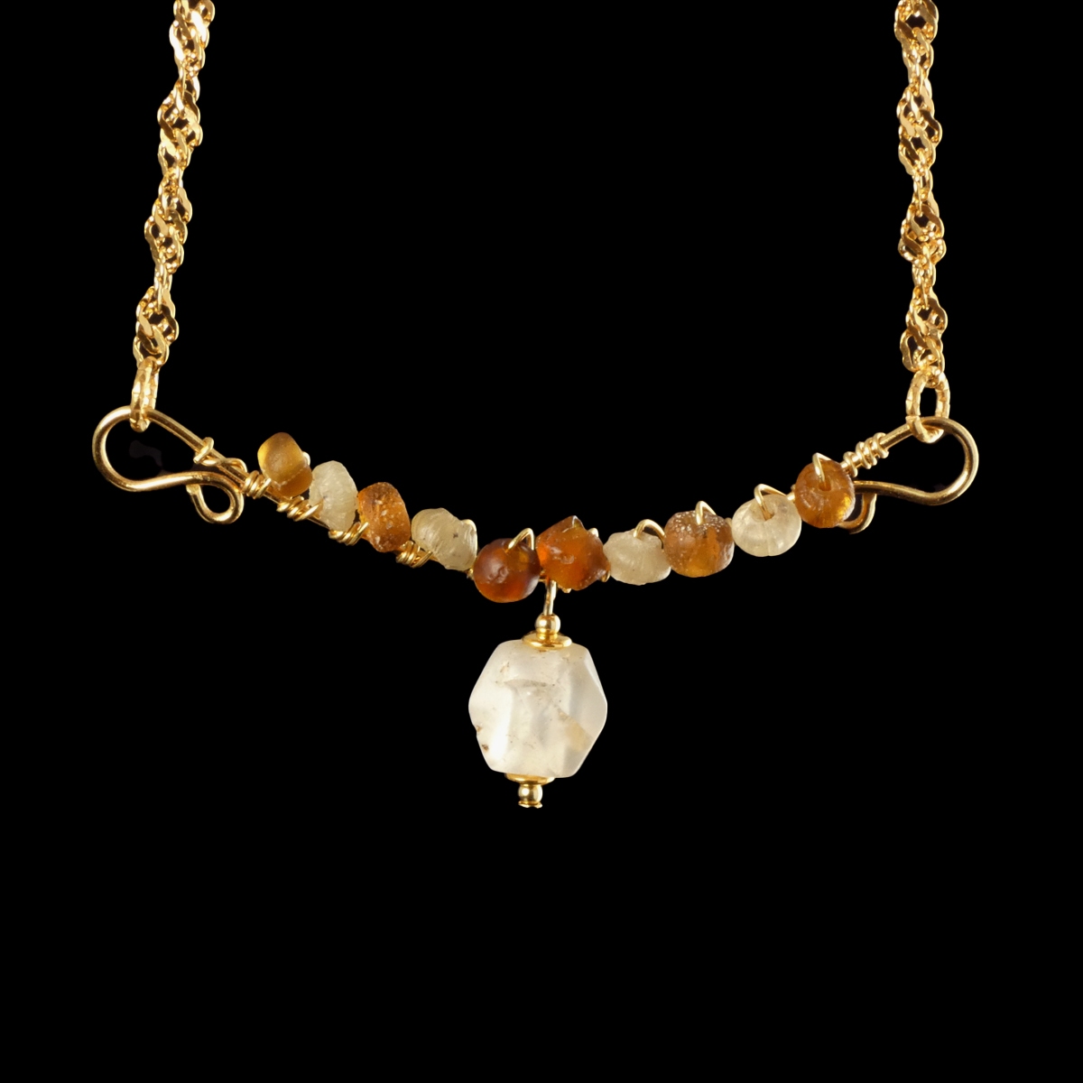 Necklace with wire-wrapped Roman amber and semi-translucent glass beads