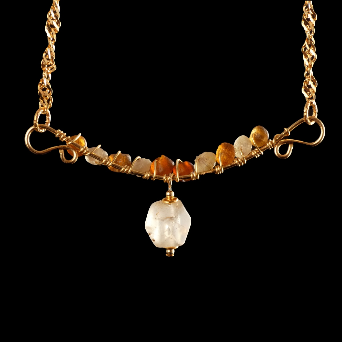 Necklace with wire-wrapped Roman amber and semi-translucent glass beads