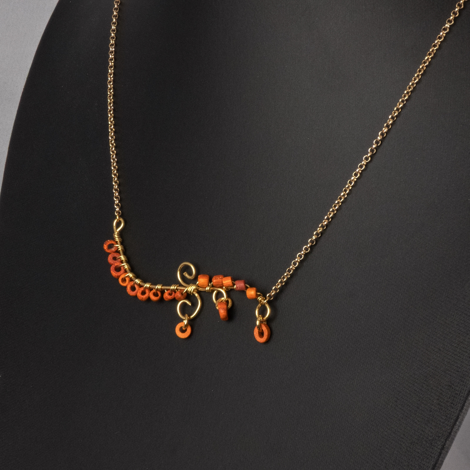 Necklace with wire-wrapped Roman orange glass beads