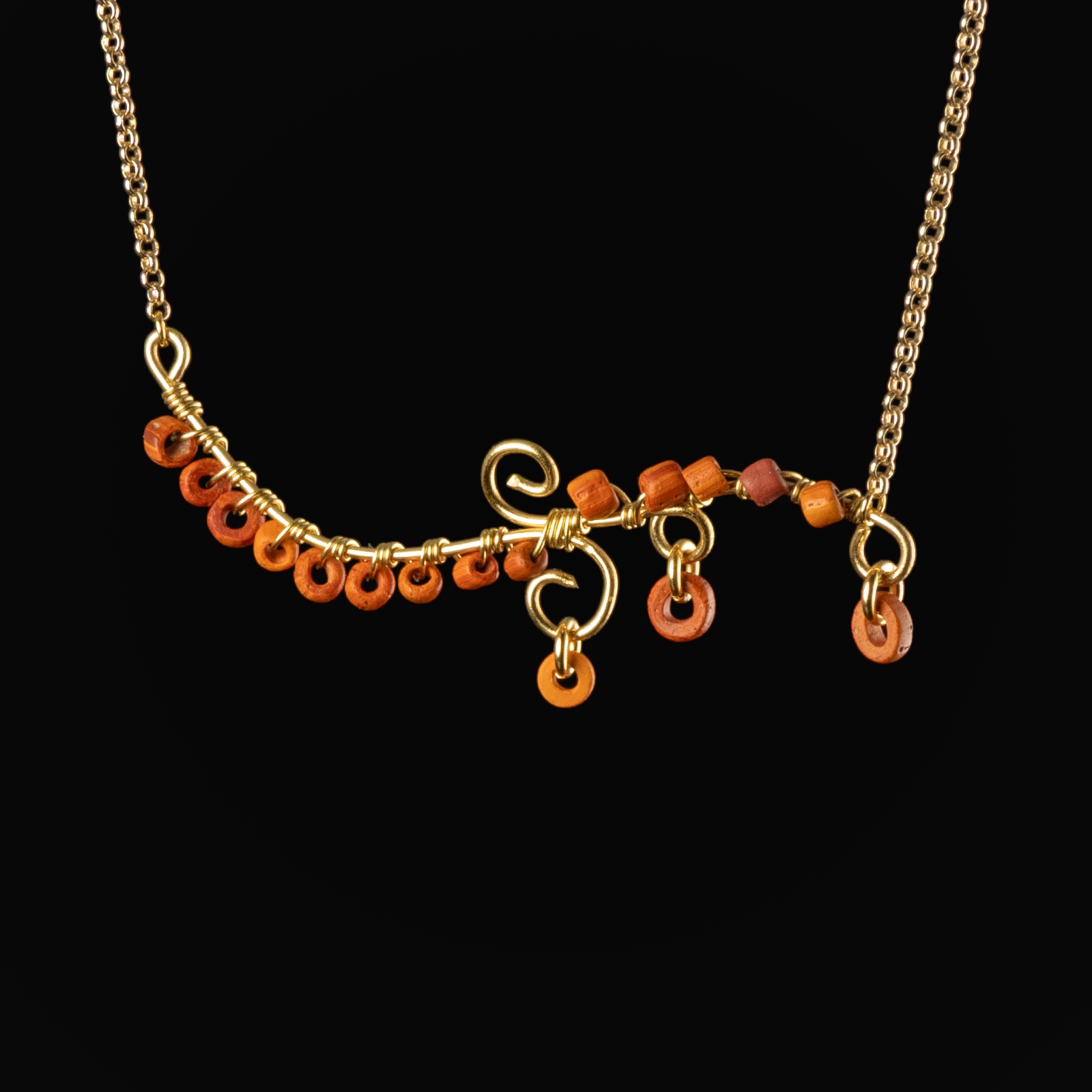 Necklace with wire-wrapped Roman orange glass beads