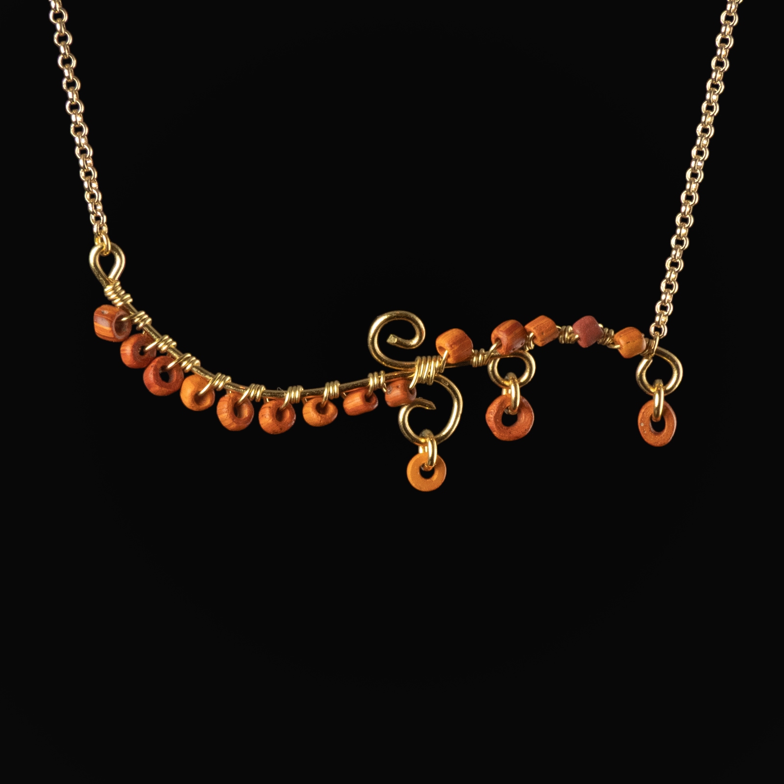 Necklace with wire-wrapped Roman orange glass beads