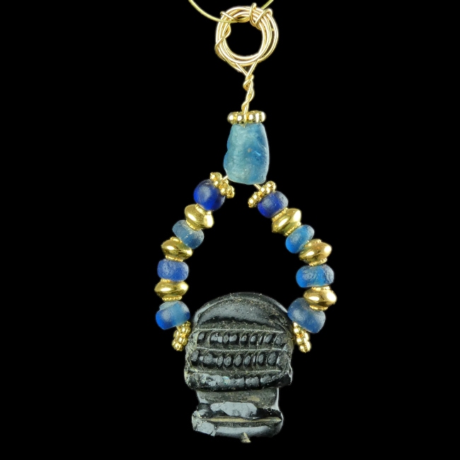 Pendant with Ancient Roman Blue Glass and Amulet Bead