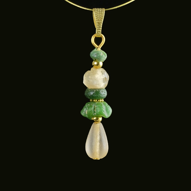 Pendant with Ancient Roman Green and Semi-Translucent Glass Beads