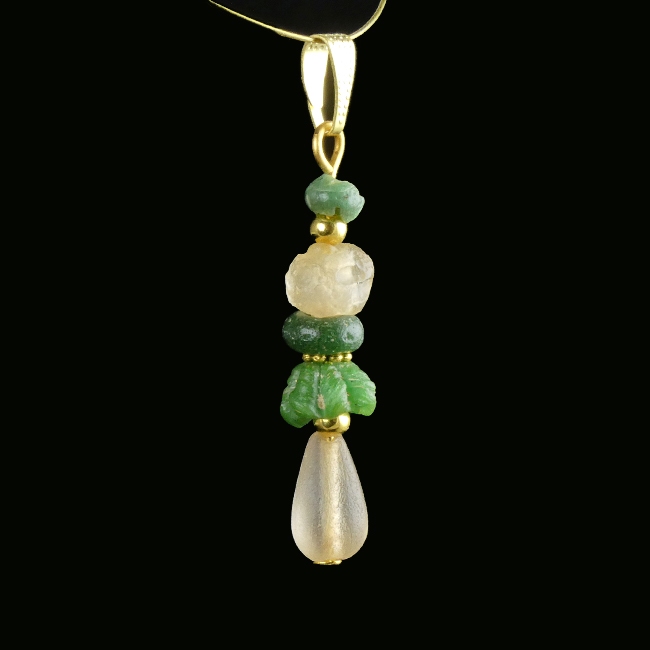 Pendant with Ancient Roman Green and Semi-Translucent Glass Beads