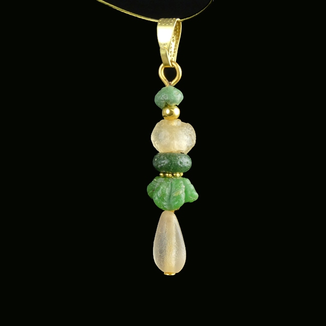 Pendant with Ancient Roman Green and Semi-Translucent Glass Beads