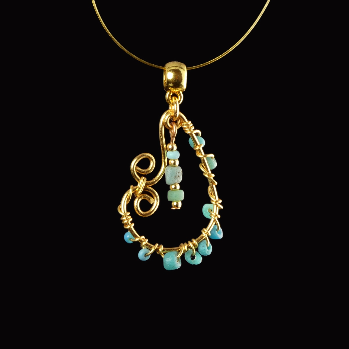 Pendant with Ancient Roman Turquoise Glass Beads - Wire-Wrapped Design