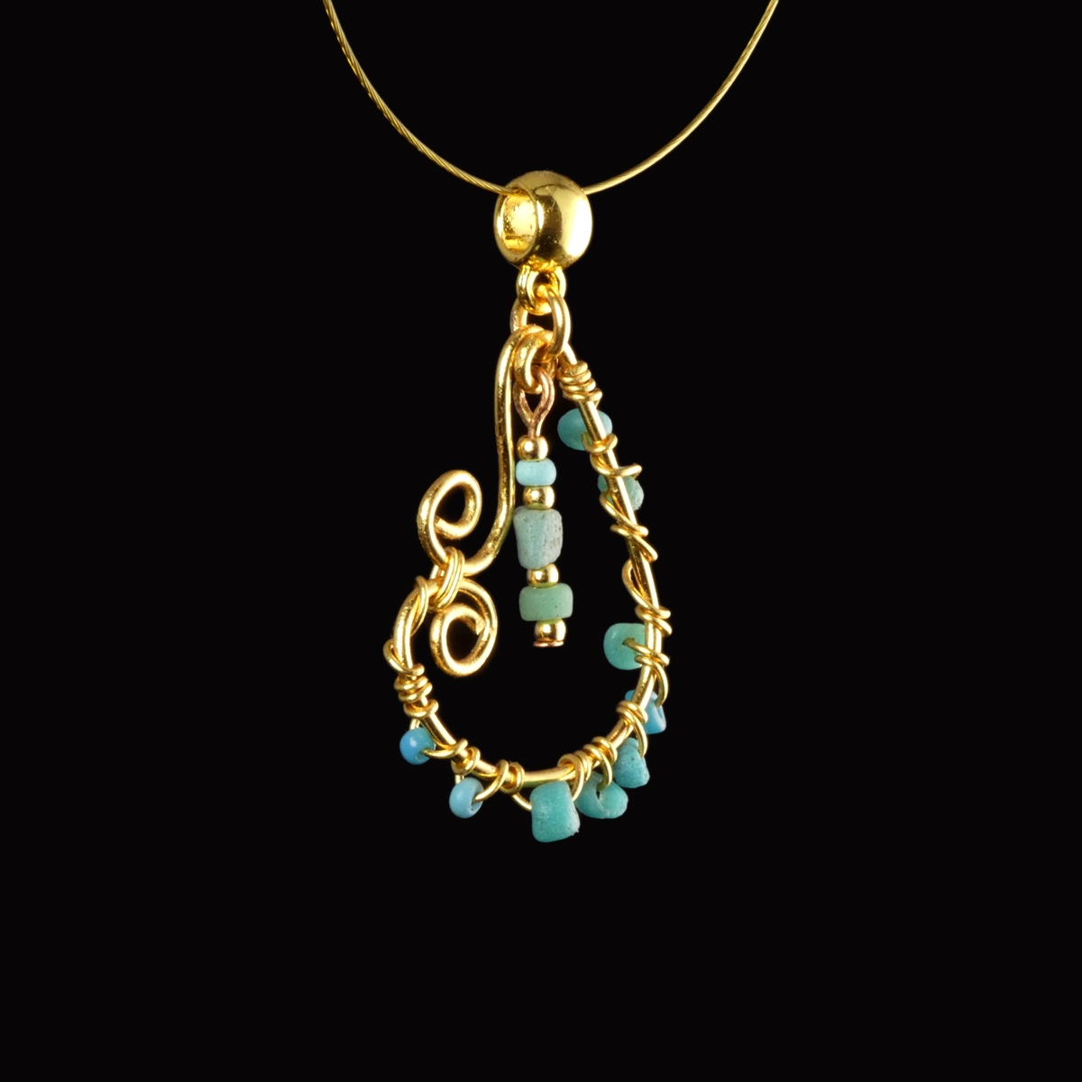 Pendant with Roman Turquoise Glass Beads, Wire-Wrapped Design
