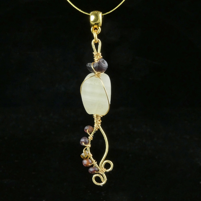 Pendant with wire-wrapped Roman purple glass, agate beads