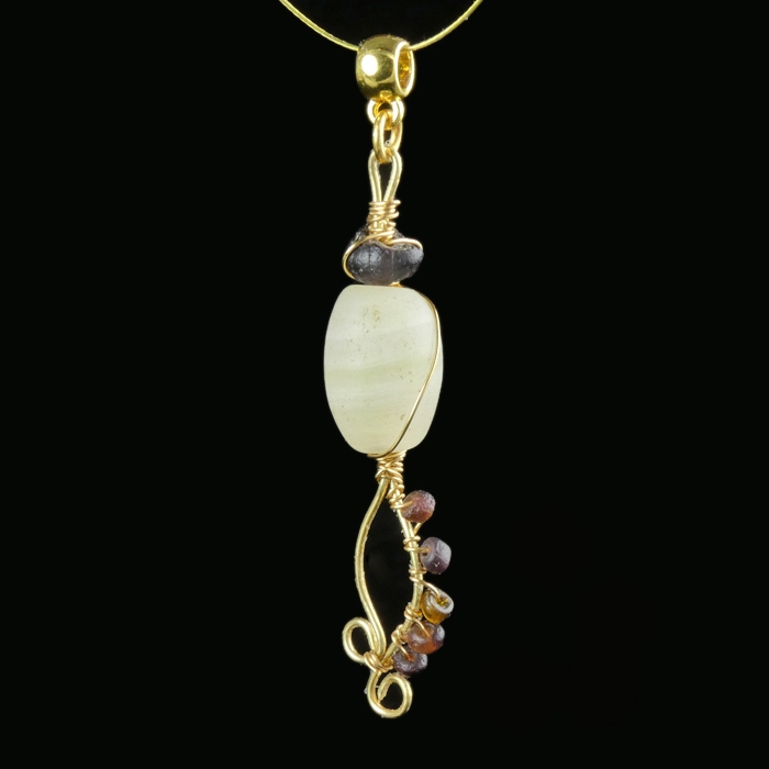 Pendant with wire-wrapped Roman purple glass, agate beads