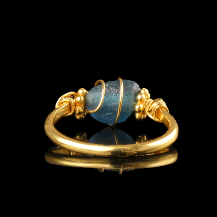 Ring with a Roman Blue Glass Bead - Wire-Wrapped Design