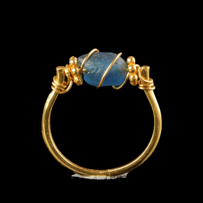 Ring with a Roman Blue Glass Bead, Wire-Wrapped Design