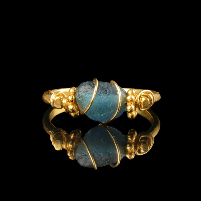 Ring with a Roman Blue Glass Bead, Wire-Wrapped Design