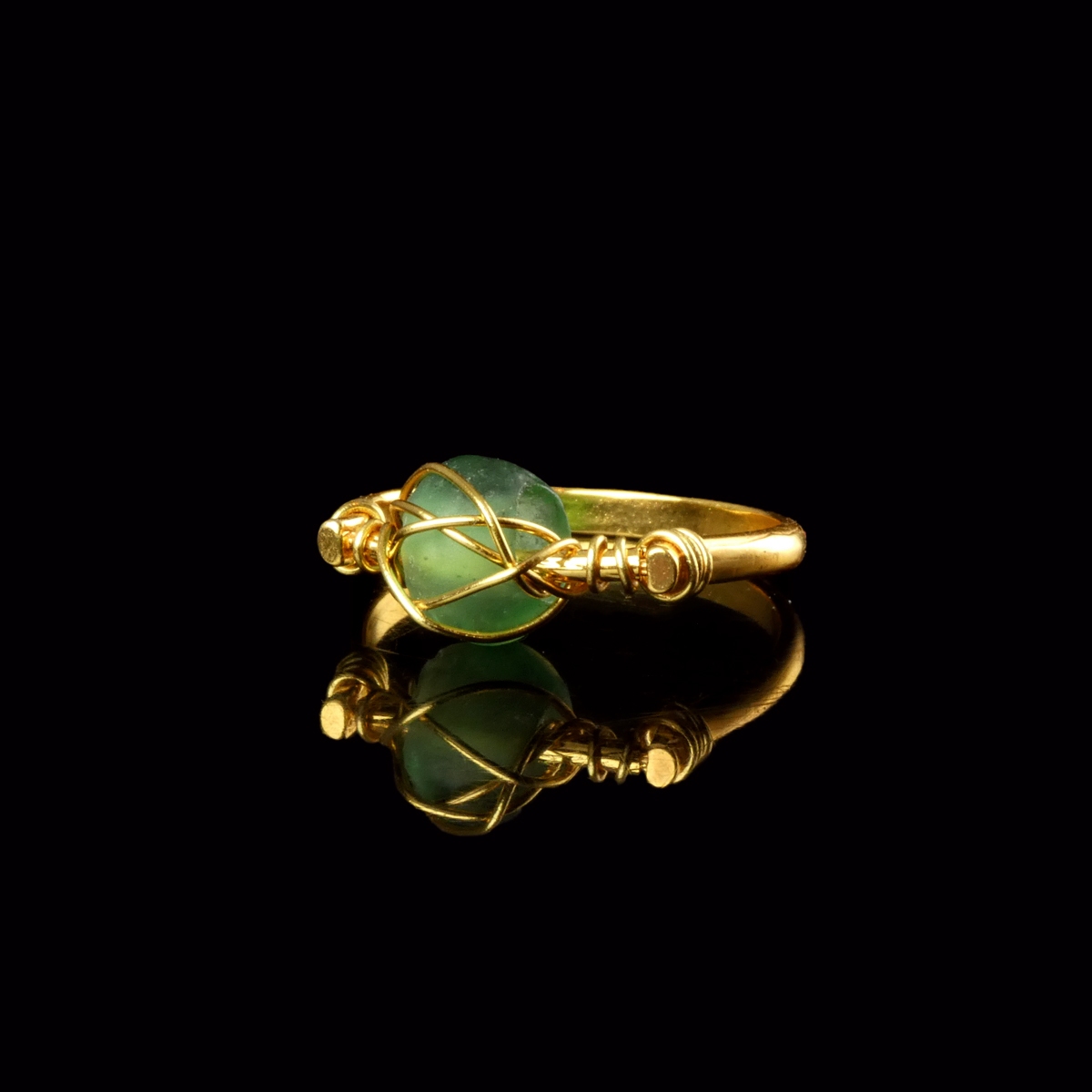 Ring with a Roman Green Glass Bead - Wire-Wrapped Design