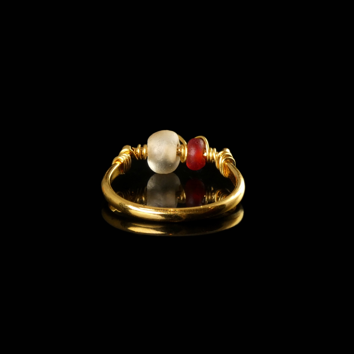 Ring with a Roman Red and Semi-Translucent Glass Bead - Wire-Wrapped Design