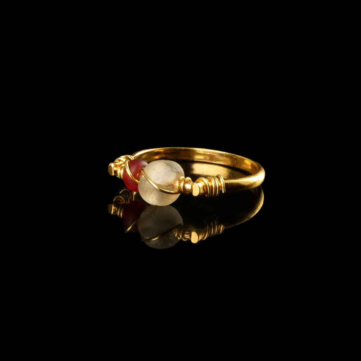 Ring with a Roman Red and Semi-Translucent Glass Bead, Wire-Wrapped Design