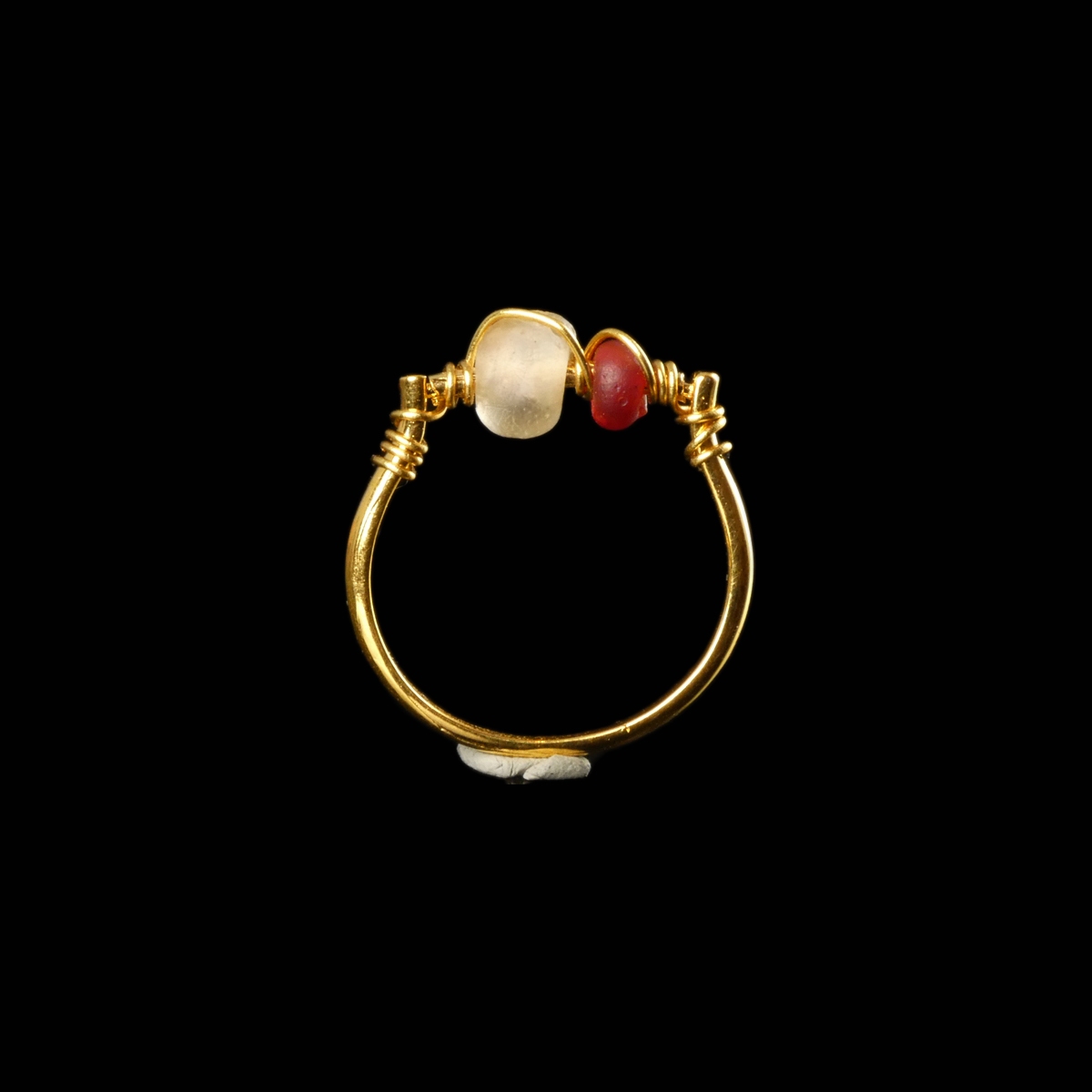 Ring with a Roman Red and Semi-Translucent Glass Bead, Wire-Wrapped Design