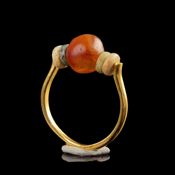 Ring with ancient Egyptian multicoloured faience and carnelian beads