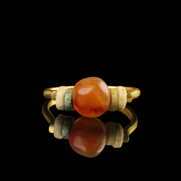 Ring with ancient Egyptian multicoloured faience and carnelian beads