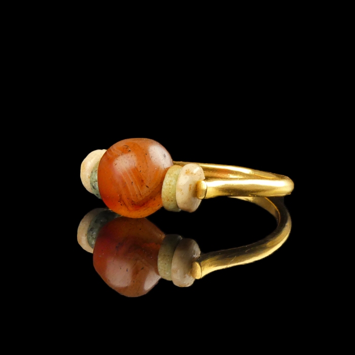 Ring with ancient Egyptian multicoloured faience and carnelian beads