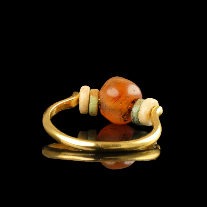 Ring with ancient Egyptian multicoloured faience and carnelian beads