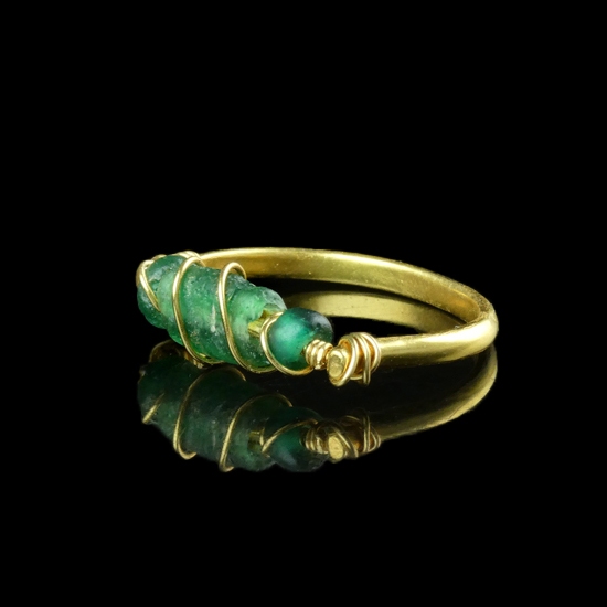 Ring with Ancient Roman Green Glass Beads - Wire-Wrapped Design