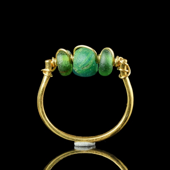 Ring with Ancient Roman Green Glass Beads - Wire-Wrapped Design