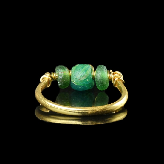 Ring with Ancient Roman Green Glass Beads - Wire-Wrapped Design