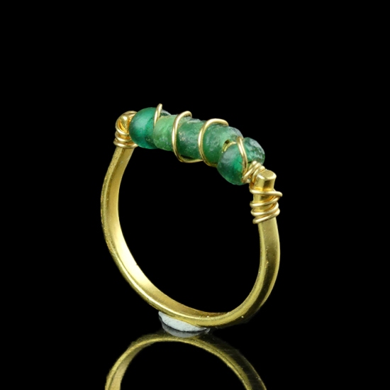 Ring with Roman Green Glass Beads - Wire-Wrapped Design
