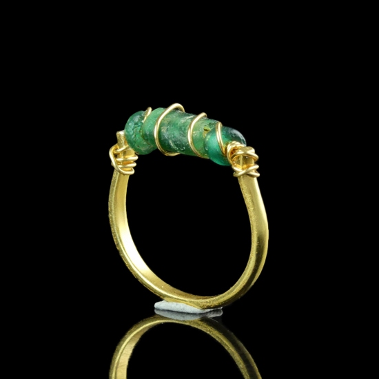 Ring with Roman Green Glass Beads - Wire-Wrapped Design