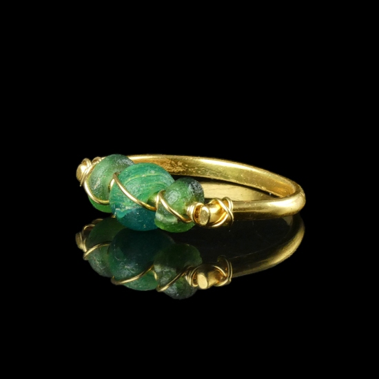 Ring with Roman Green Glass Beads - Wire-Wrapped Design