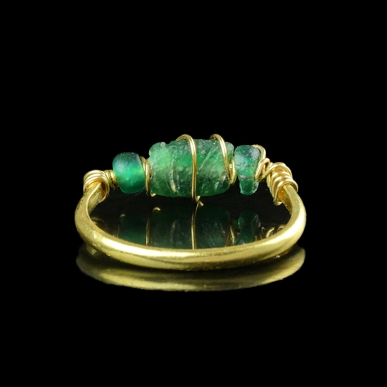 Ring with Roman Green Glass Beads, Wire-Wrapped Design