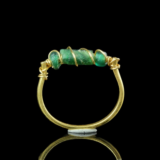 Ring with Roman Green Glass Beads, Wire-Wrapped Design