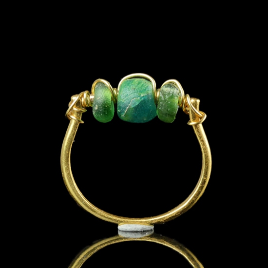 Ring with Roman Green Glass Beads, Wire-Wrapped Design