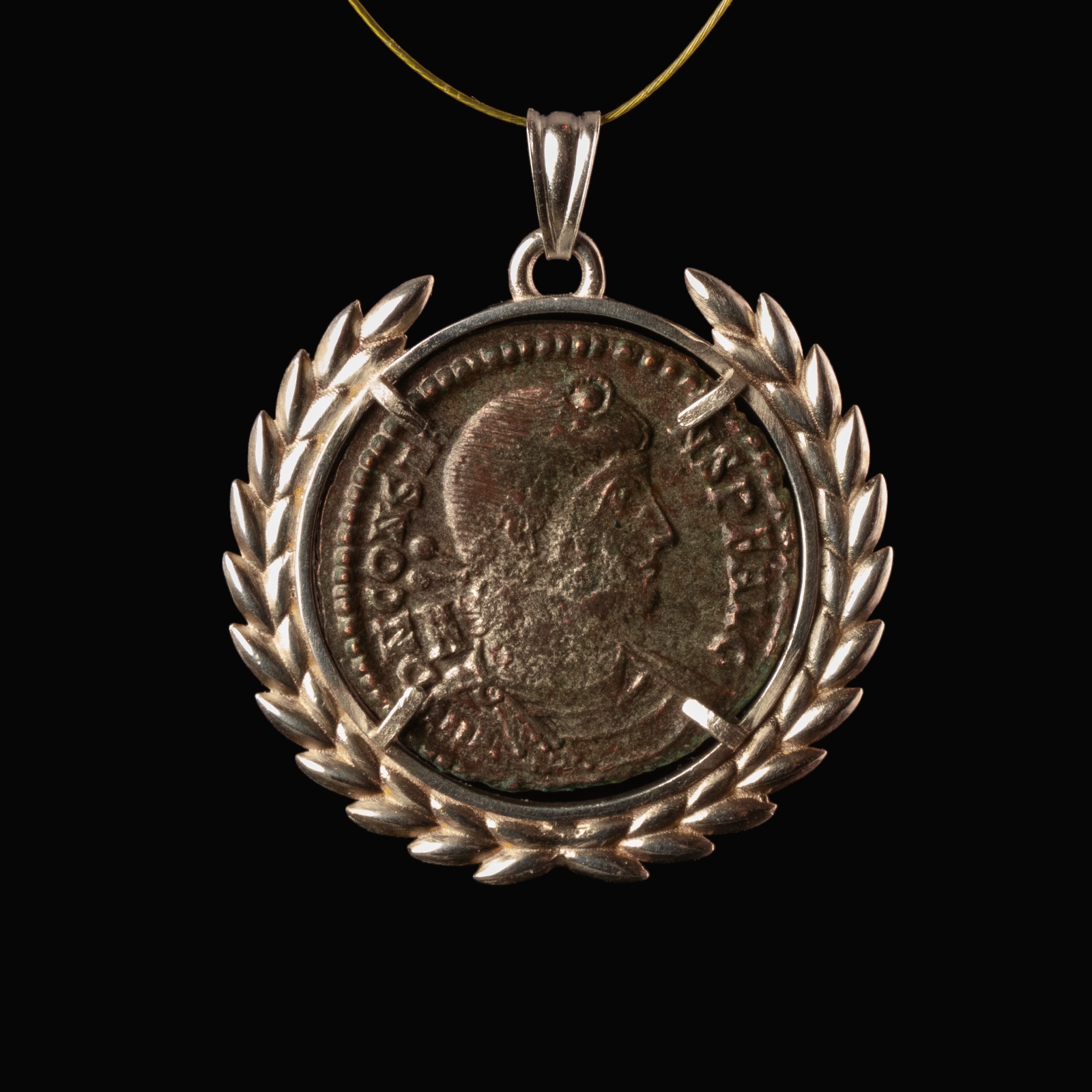 Silver Laurel Wreath Pendant with Roman Coin of Constantius II, Emperor on Galley Type