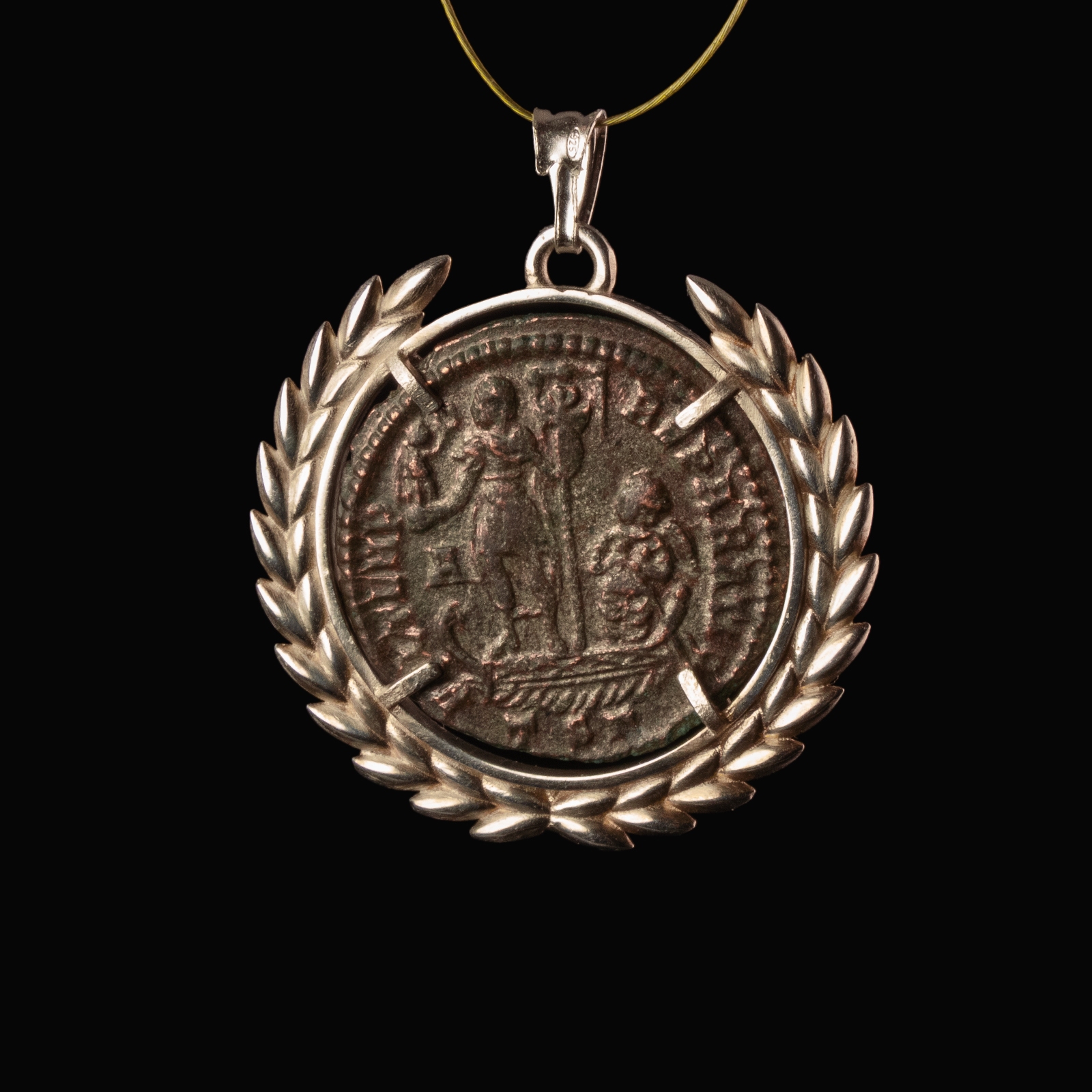 Silver Laurel Wreath Pendant with Roman Coin of Constantius II, Emperor on Galley Type