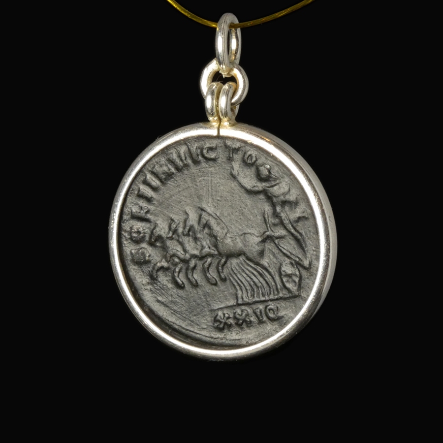 Silver Pendant with Roman Coin of Probus - Sol in Quadriga, Helmeted Bust