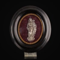 Antique silver devotional plaque of the Madonna and Child in wooden frame