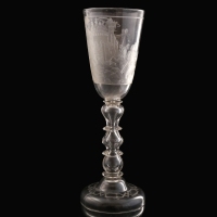 Germany, large engraved glass goblet with armorial and martial scene, Bohemian or Thuringian