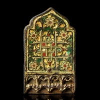 Medieval gilded bronze enamelled strap-end