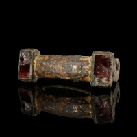 Migration Period, Frankish equal armed gilded bronze brooch with garnet