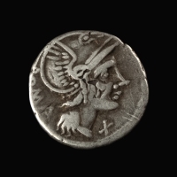 Roman Republic, Lucius Flaminius Chilo, AR Denarius - bankers mark on obverse