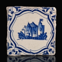 Dutch Delft blue and white tile with Castle or Fortress